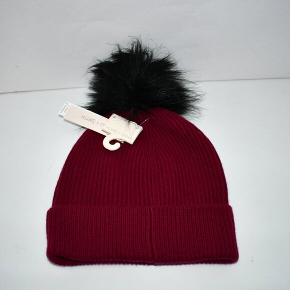 SASSO + SMYTH Ribbed Cuff Faux Fur Pom Beanie in Wine NWT - Picture 2 of 3